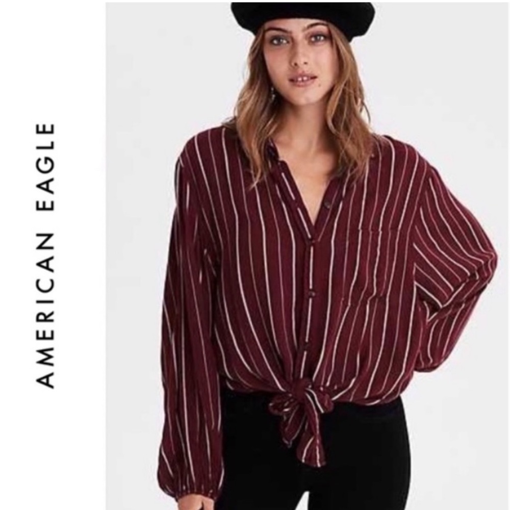 American Eagle striped burgundy front knot top